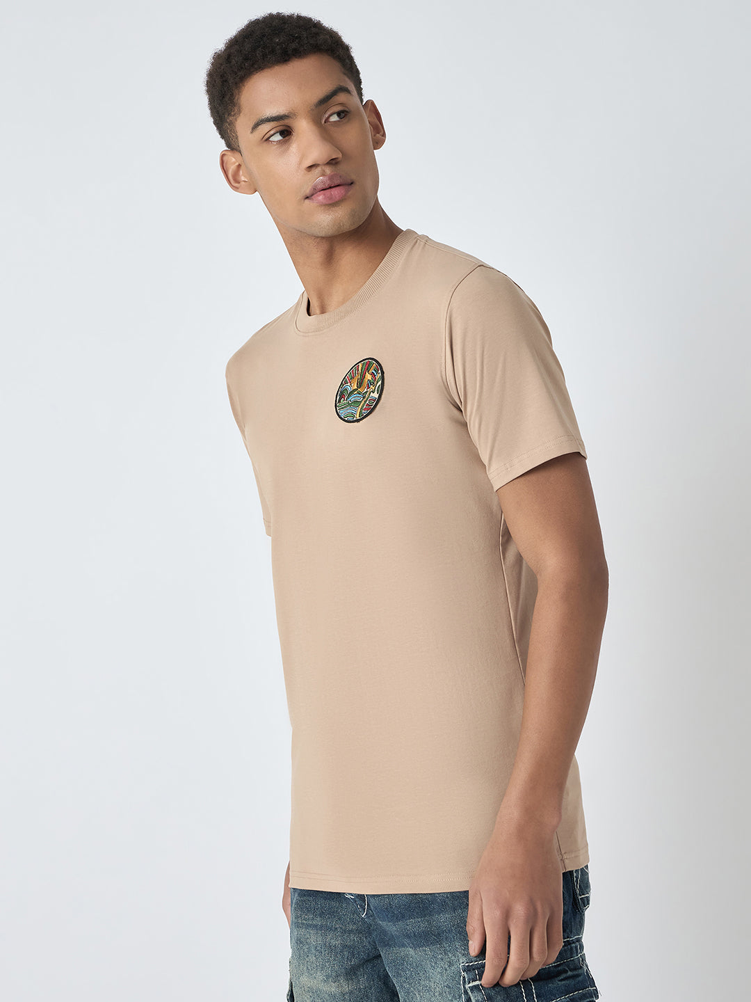 True Religion Men Beige Printed Round Neck Short Sleeves Tshirt