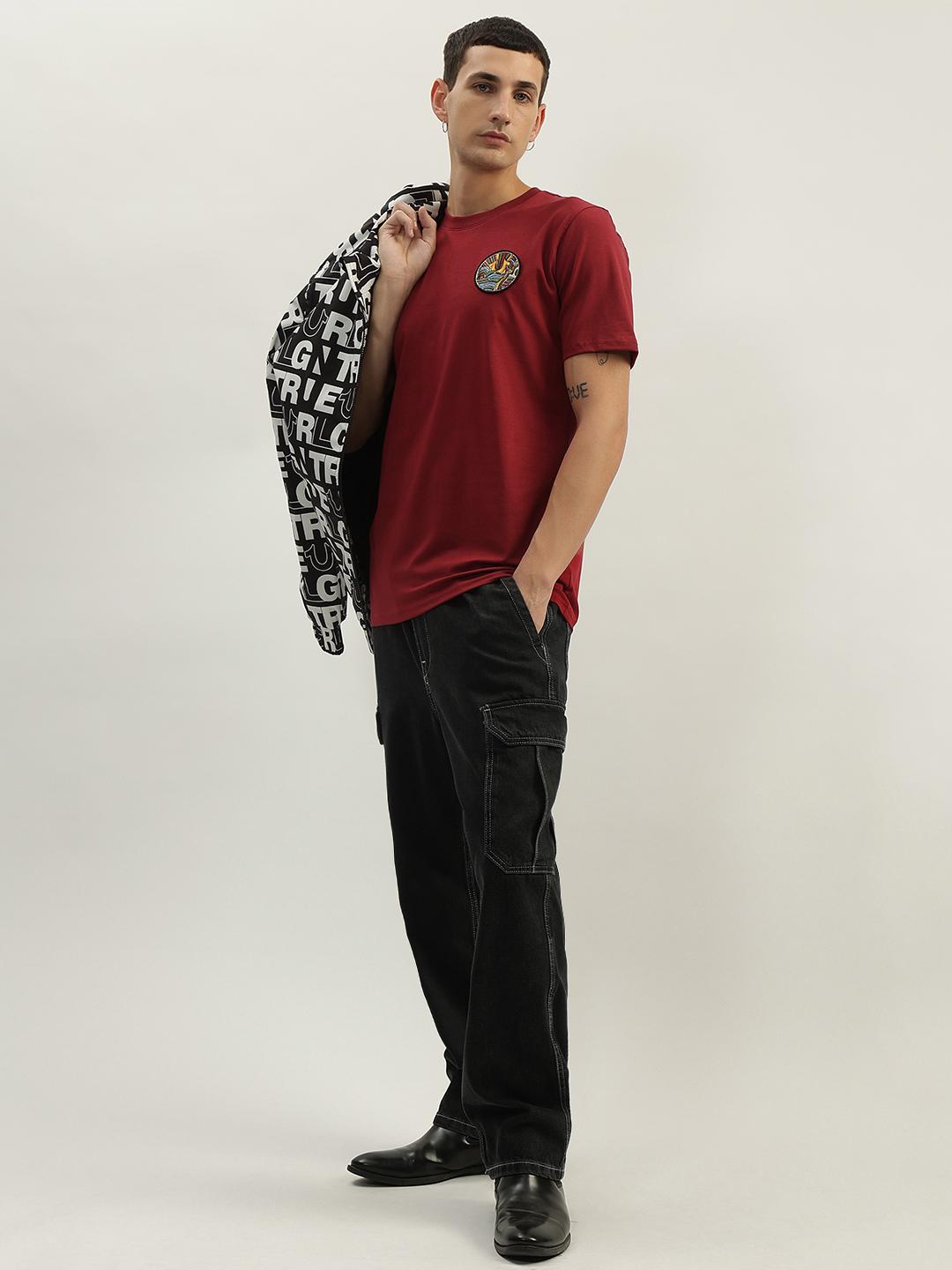 Men red printed round neck short sleeves tshirt