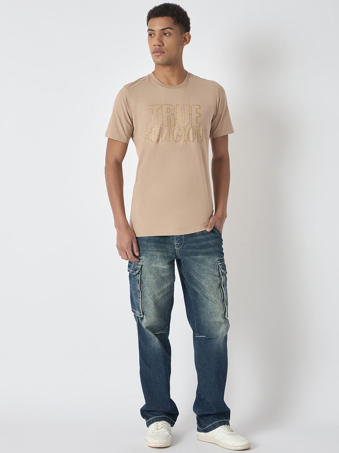 True Religion Men Beige Printed Round Neck Short Sleeves Tshirt