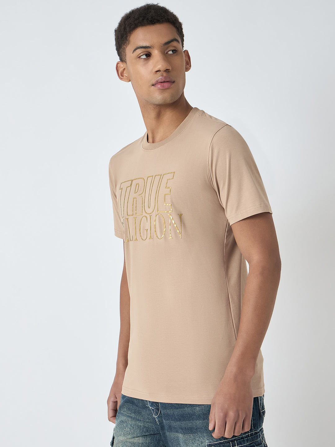 True Religion Men Beige Printed Round Neck Short Sleeves Tshirt