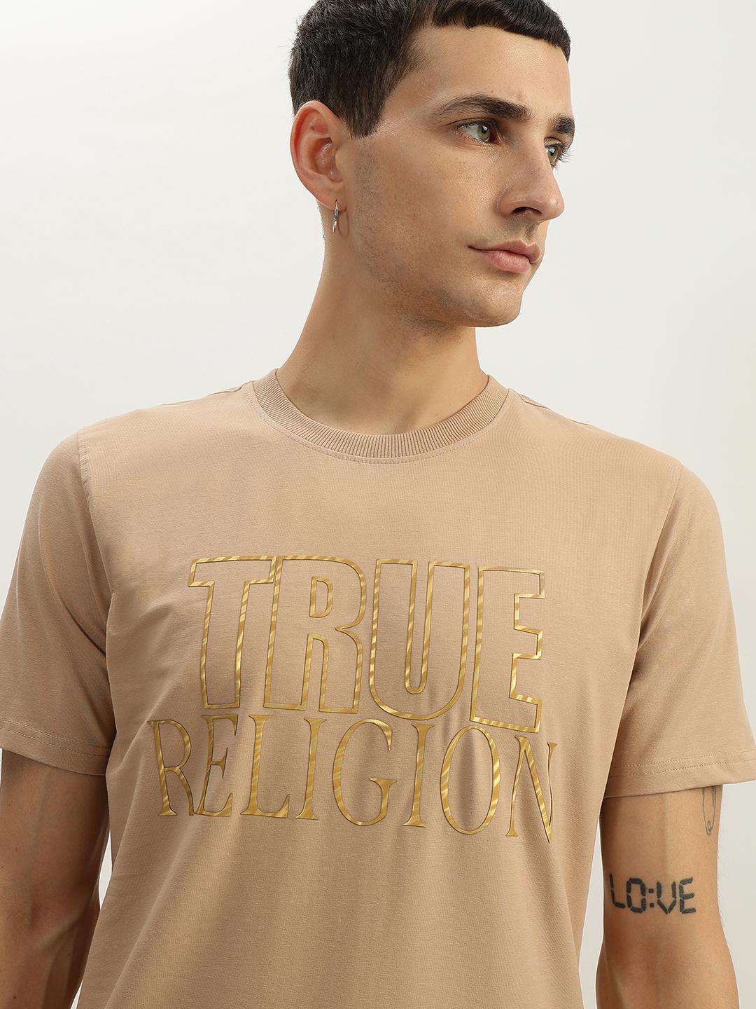 True Religion Men Beige Printed Round Neck Short Sleeves Tshirt