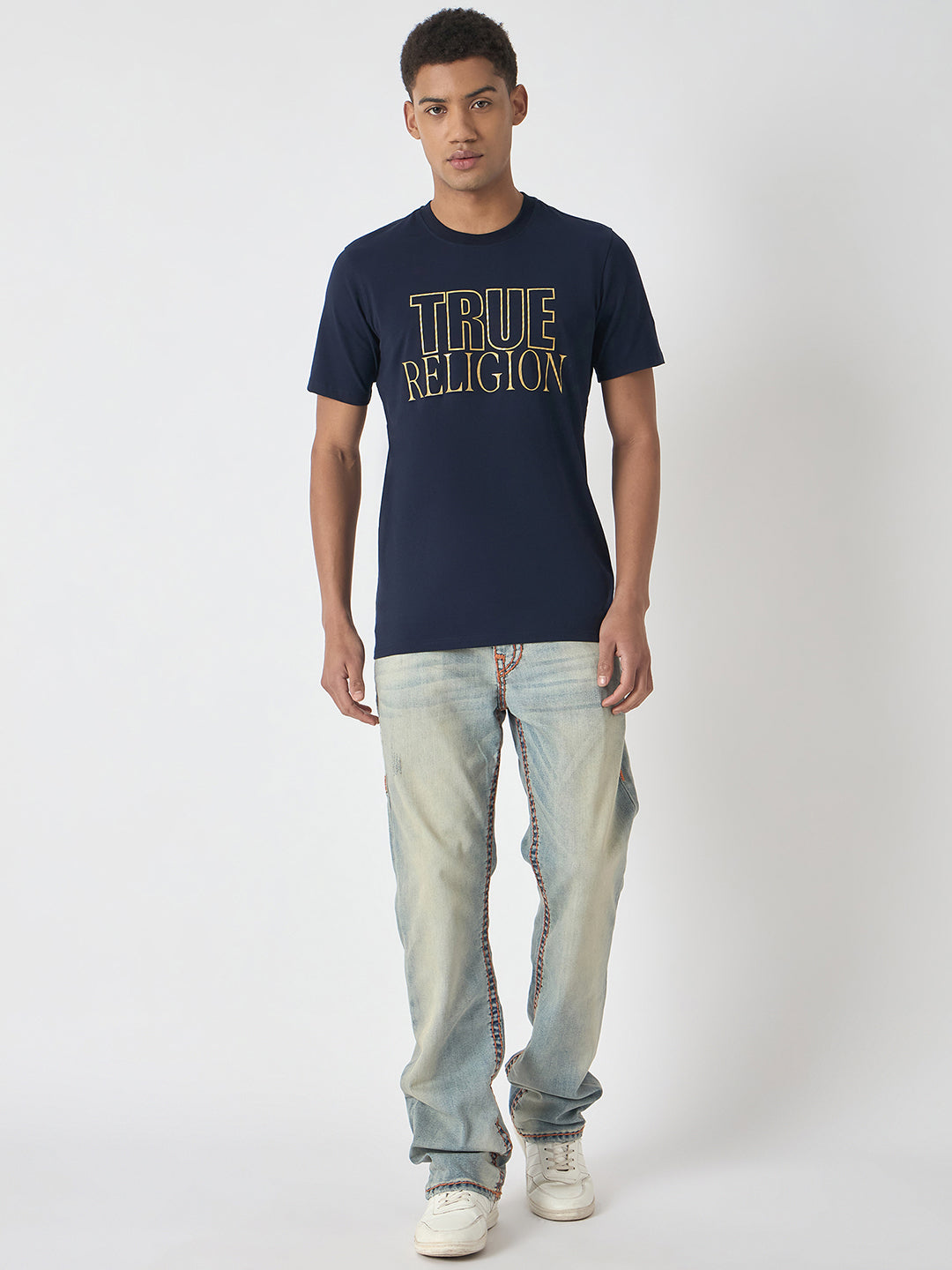 True Religion Men Navy Blue Printed Round Neck Short Sleeves Tshirt
