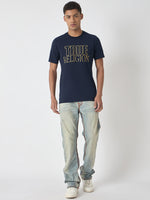 True Religion Men Navy Blue Printed Round Neck Short Sleeves Tshirt
