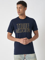 True Religion Men Navy Blue Printed Round Neck Short Sleeves Tshirt