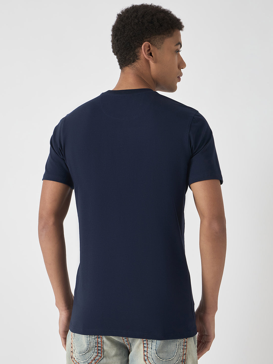 True Religion Men Navy Blue Printed Round Neck Short Sleeves Tshirt