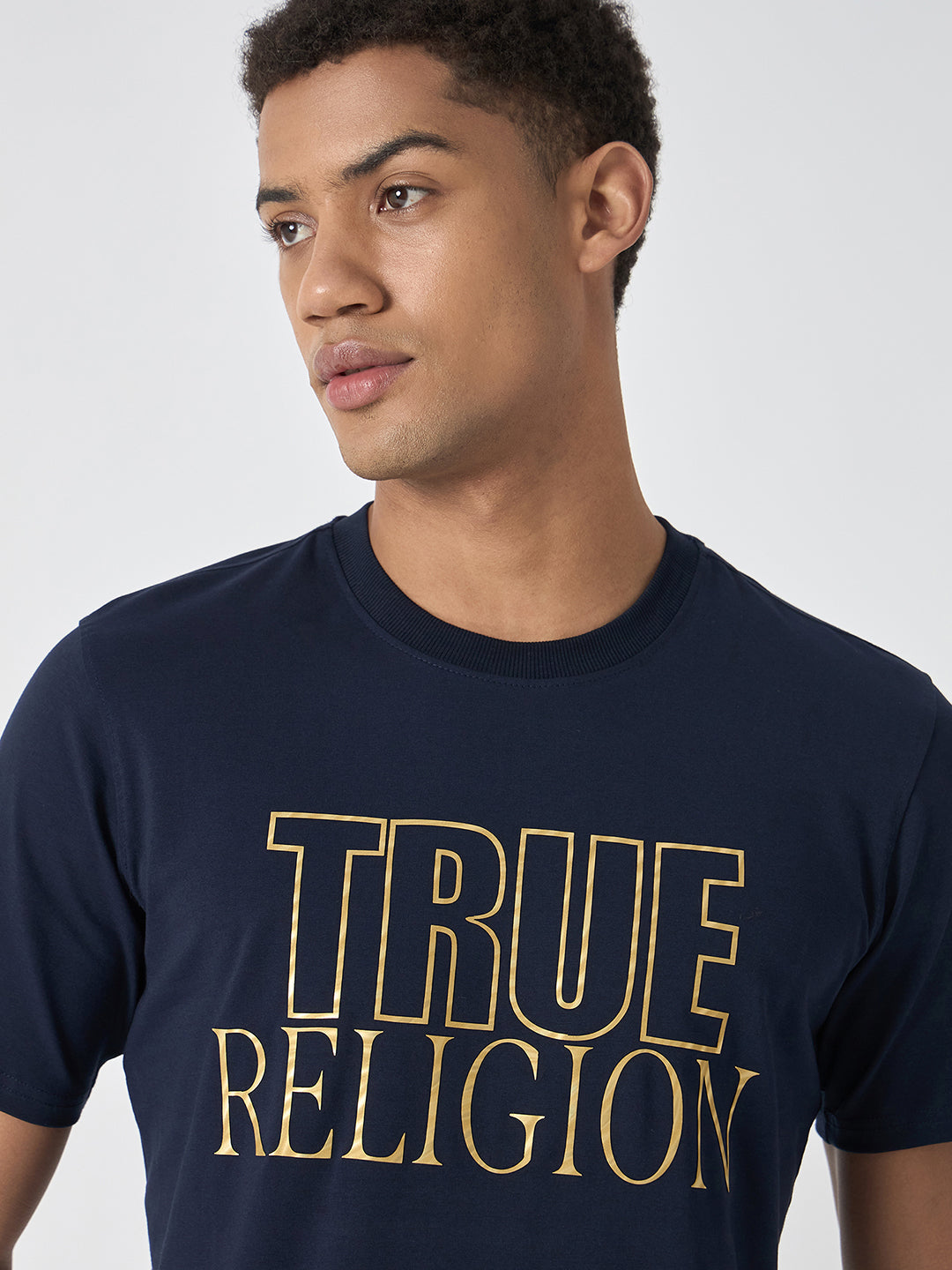 True Religion Men Navy Blue Printed Round Neck Short Sleeves Tshirt