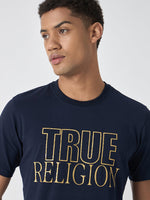 True Religion Men Navy Blue Printed Round Neck Short Sleeves Tshirt