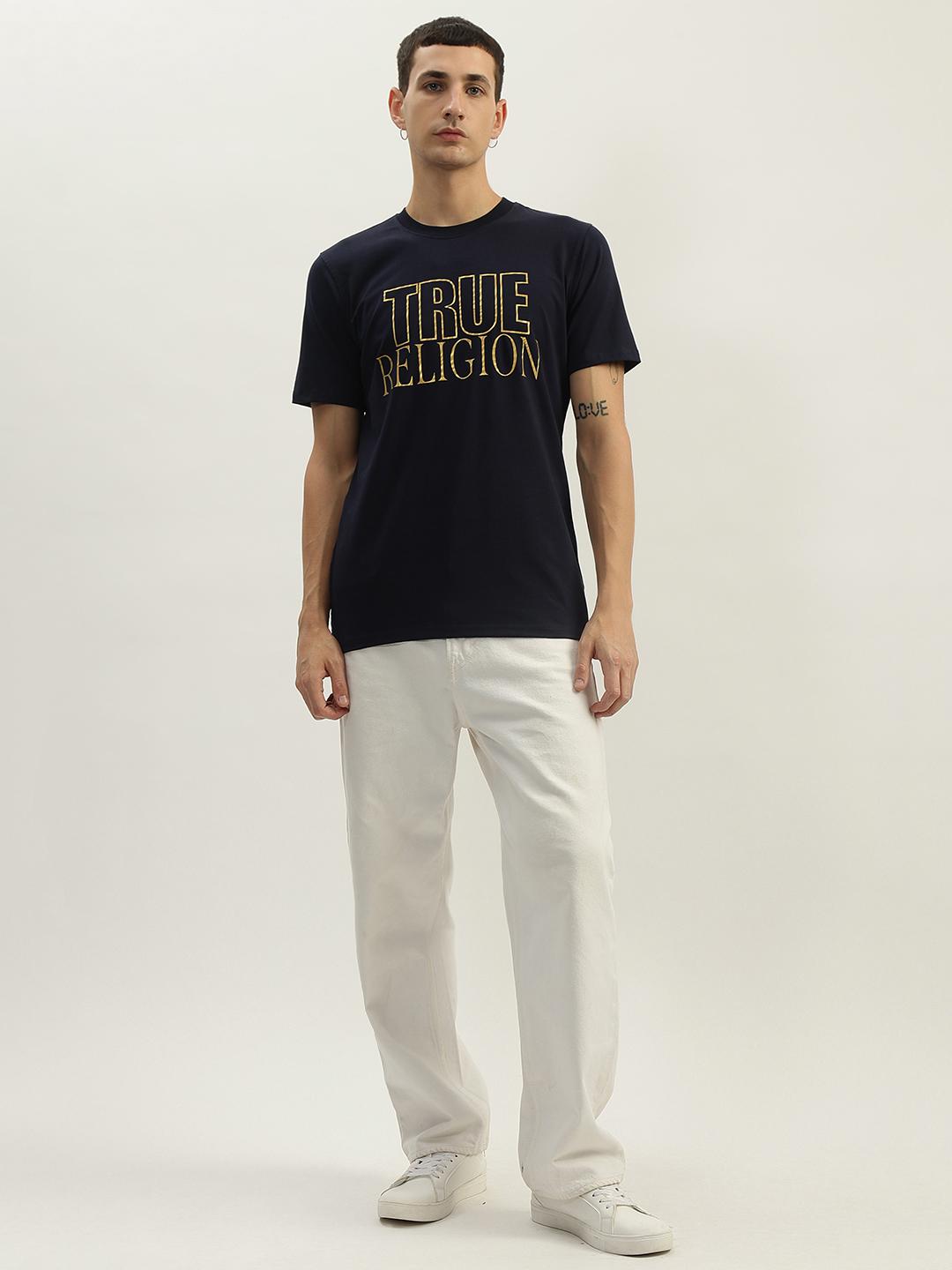 True Religion Men Navy Blue Printed Round Neck Short Sleeves Tshirt