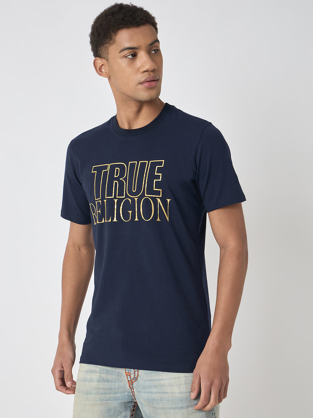 True Religion Men Navy Blue Printed Round Neck Short Sleeves Tshirt