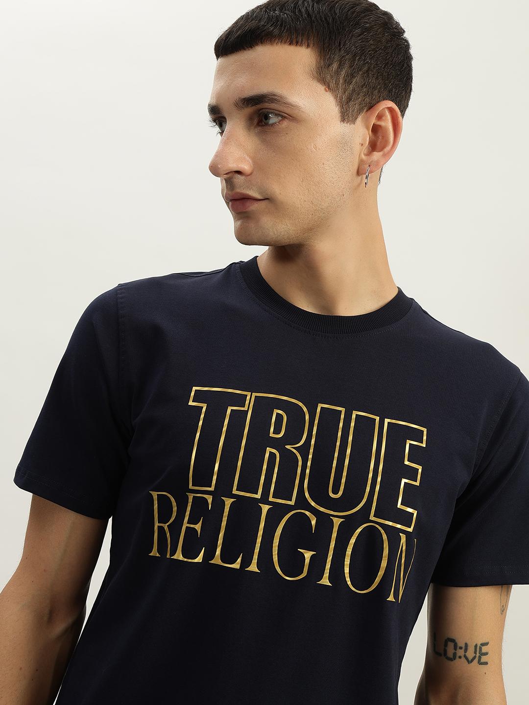 True Religion Men Navy Blue Printed Round Neck Short Sleeves Tshirt