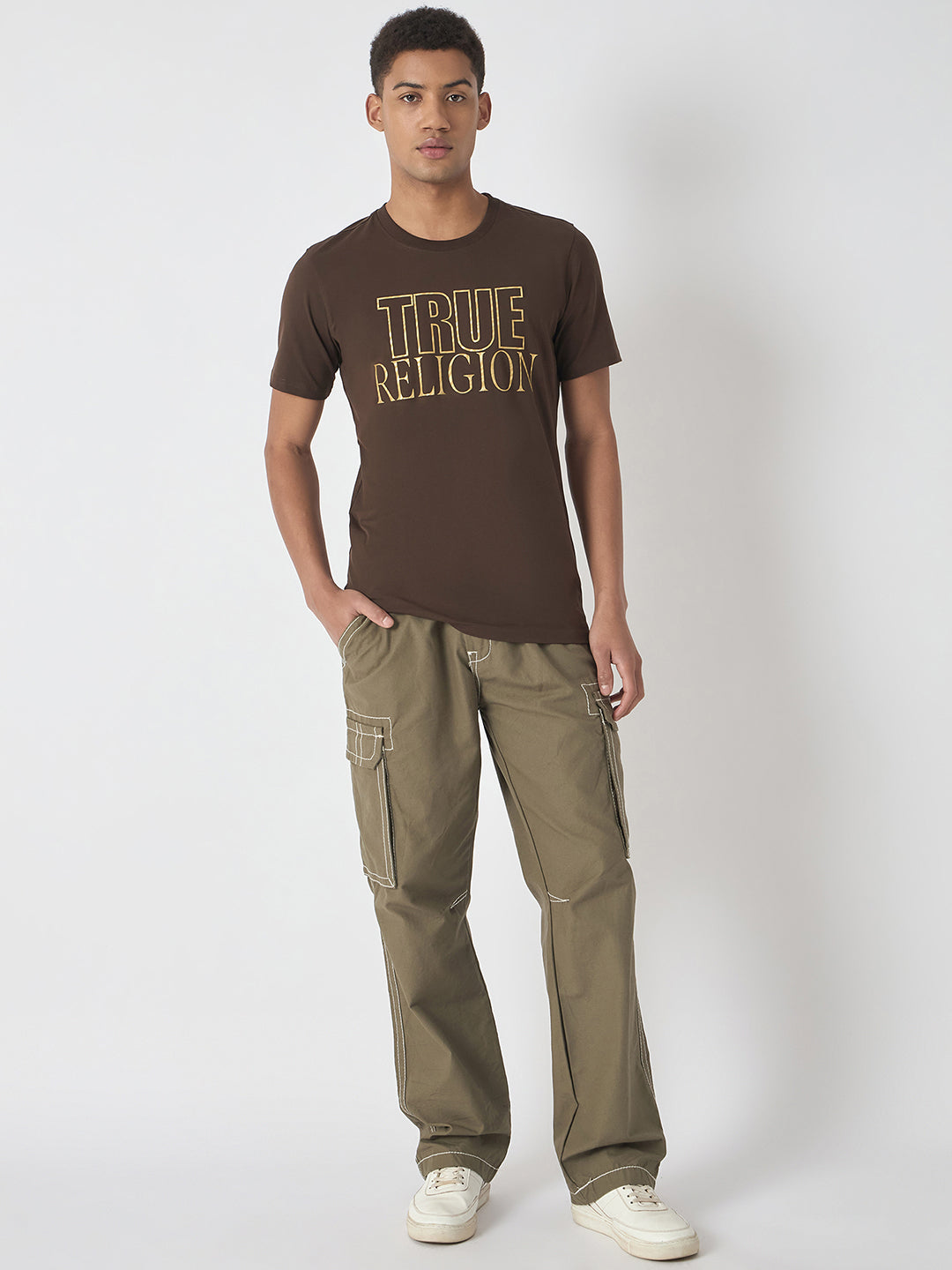 True Religion Men Brown Printed Round Neck Short Sleeves Tshirt