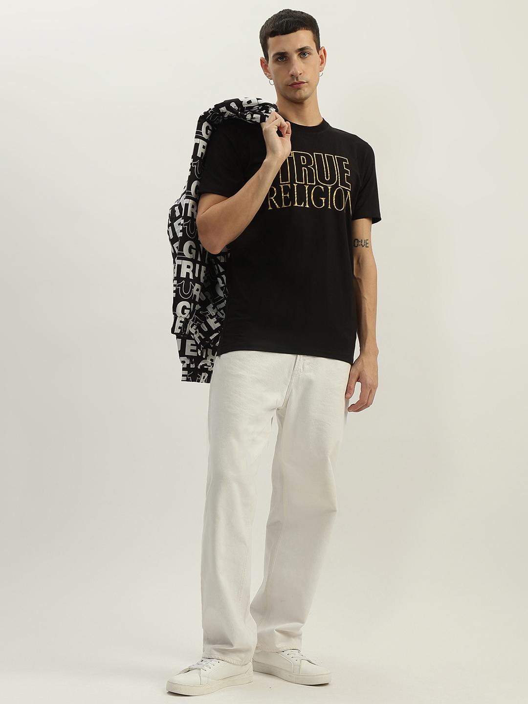 Men black printed round neck short sleeves tshirt