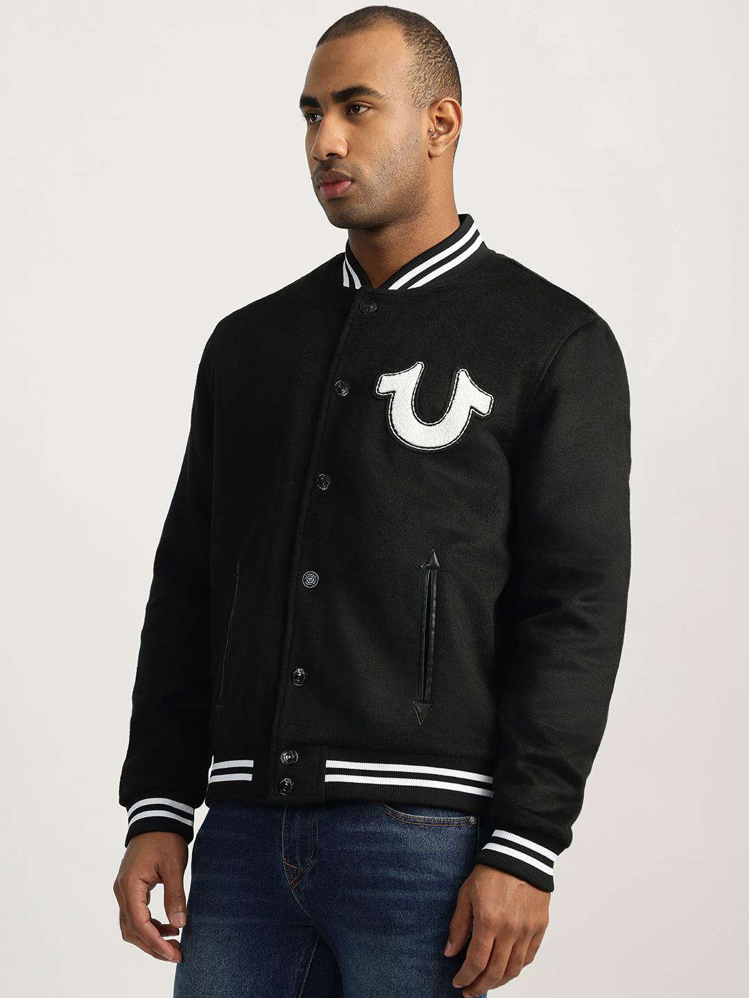 True Religion Men Black Solid Stand Collar Full Sleeves Bomber Jacket