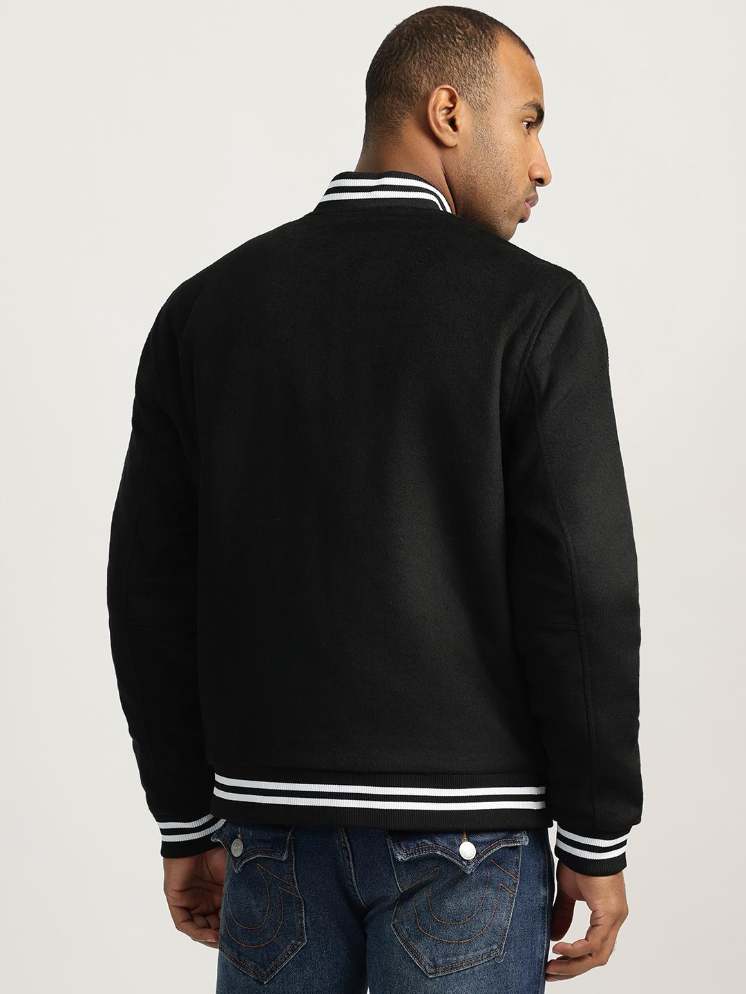 Men black solid stand collar full sleeves bomber jacket