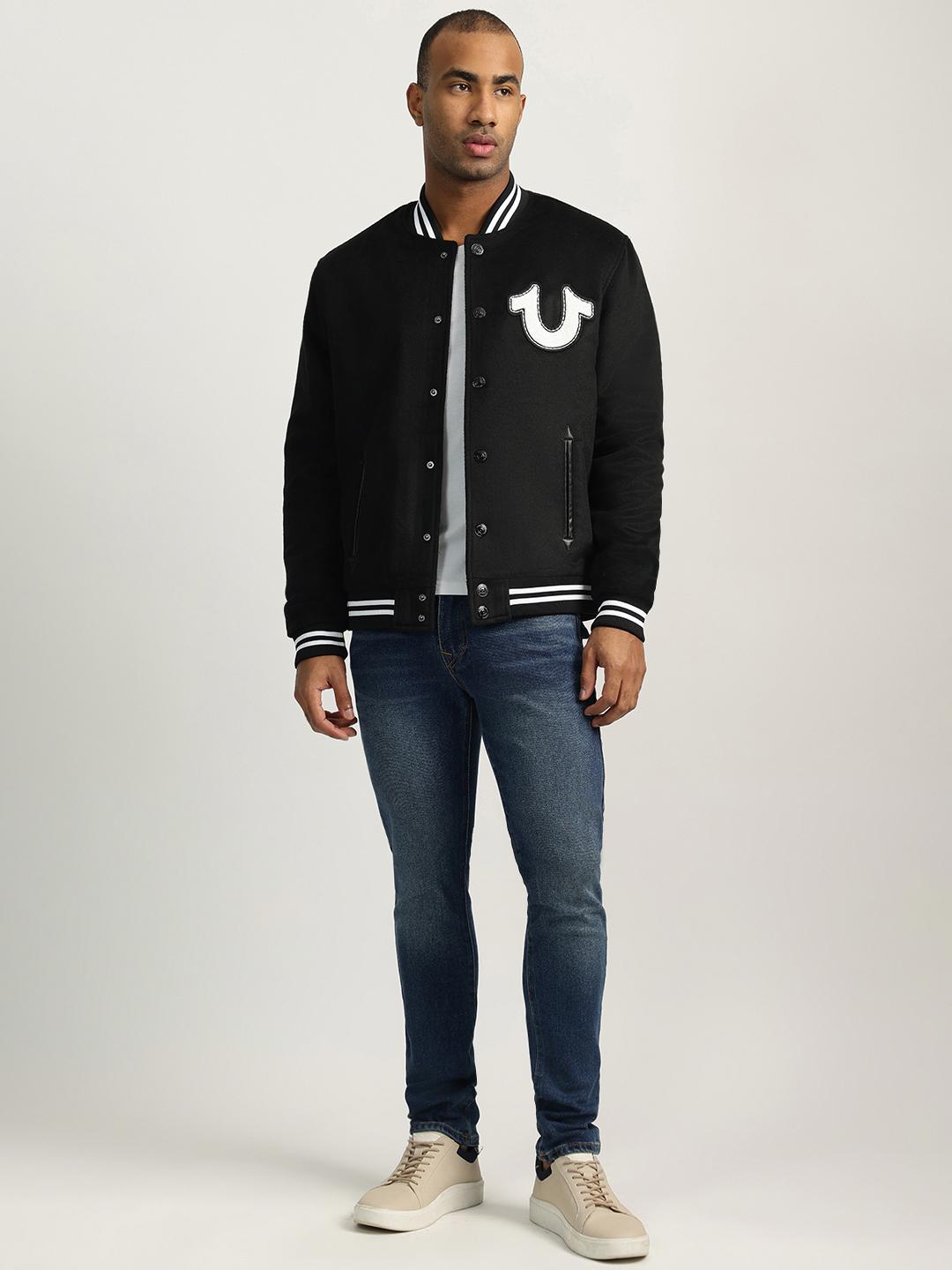 Men black solid stand collar full sleeves bomber jacket