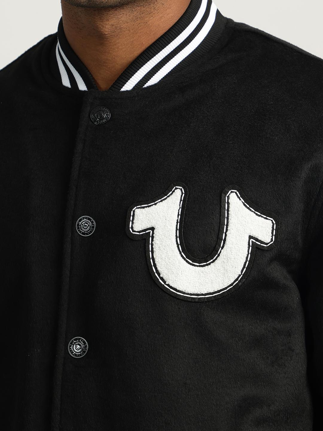 Men black solid stand collar full sleeves bomber jacket