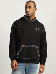 True Religion Men Black Self Design Hooded Full Sleeves Sweatshirt