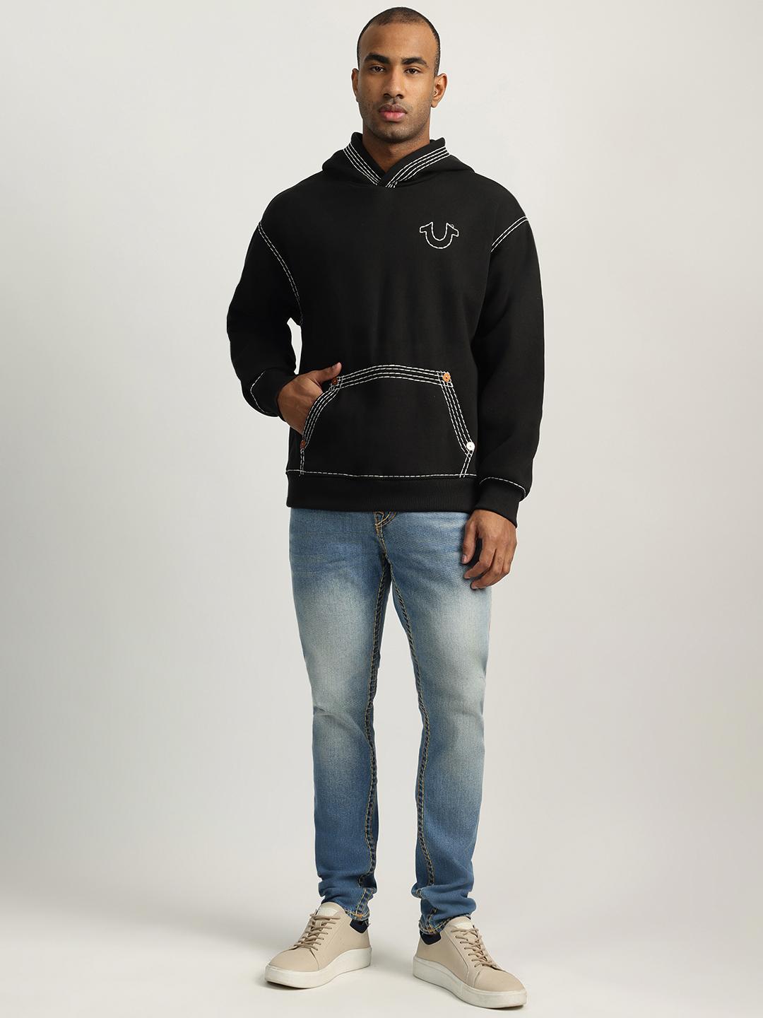 Men black self design hooded full sleeves sweatshirt