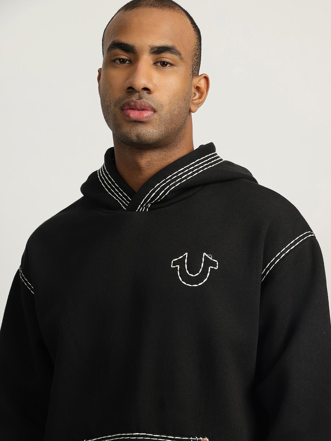 Men black self design hooded full sleeves sweatshirt