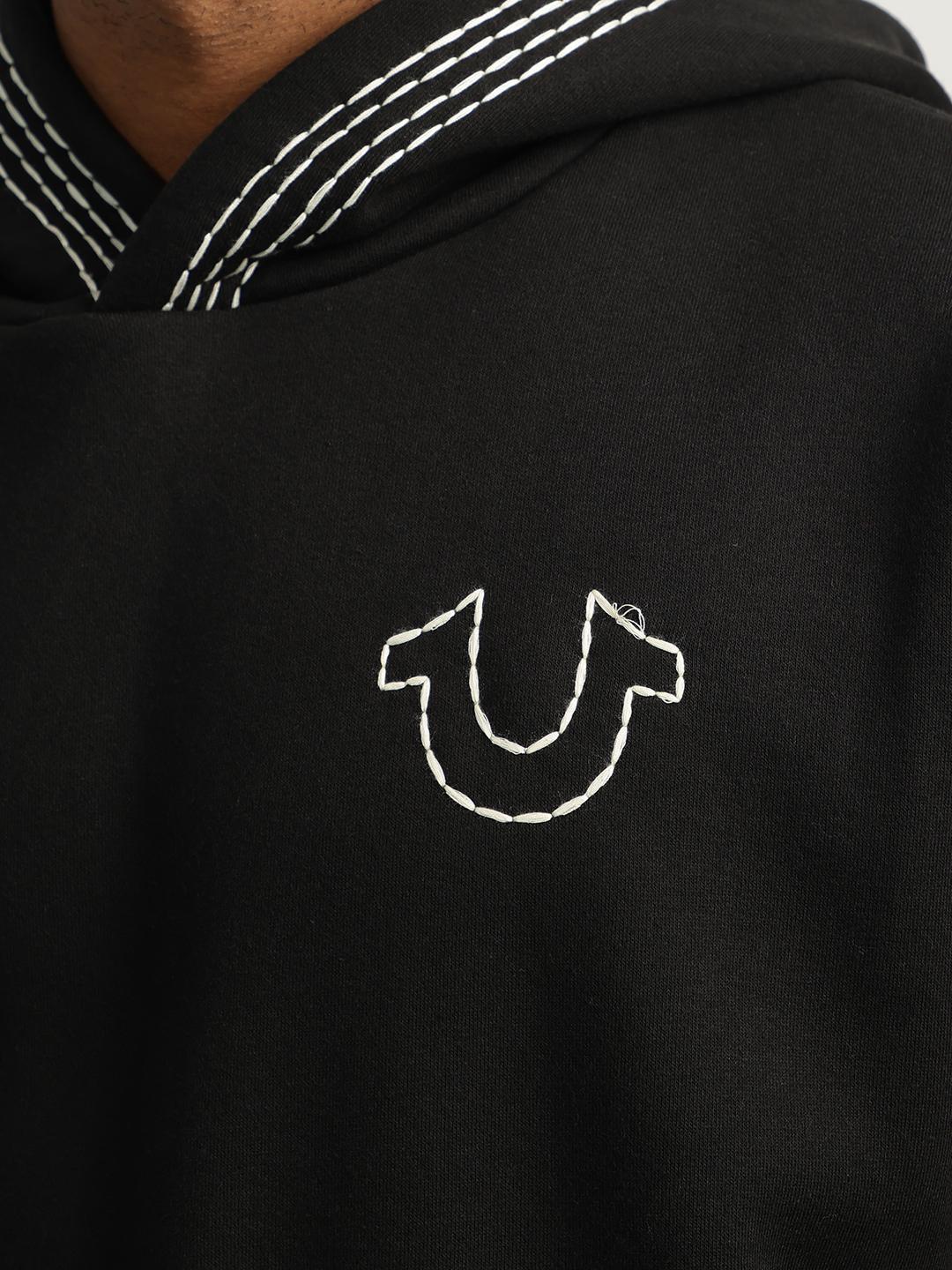 Men black self design hooded full sleeves sweatshirt