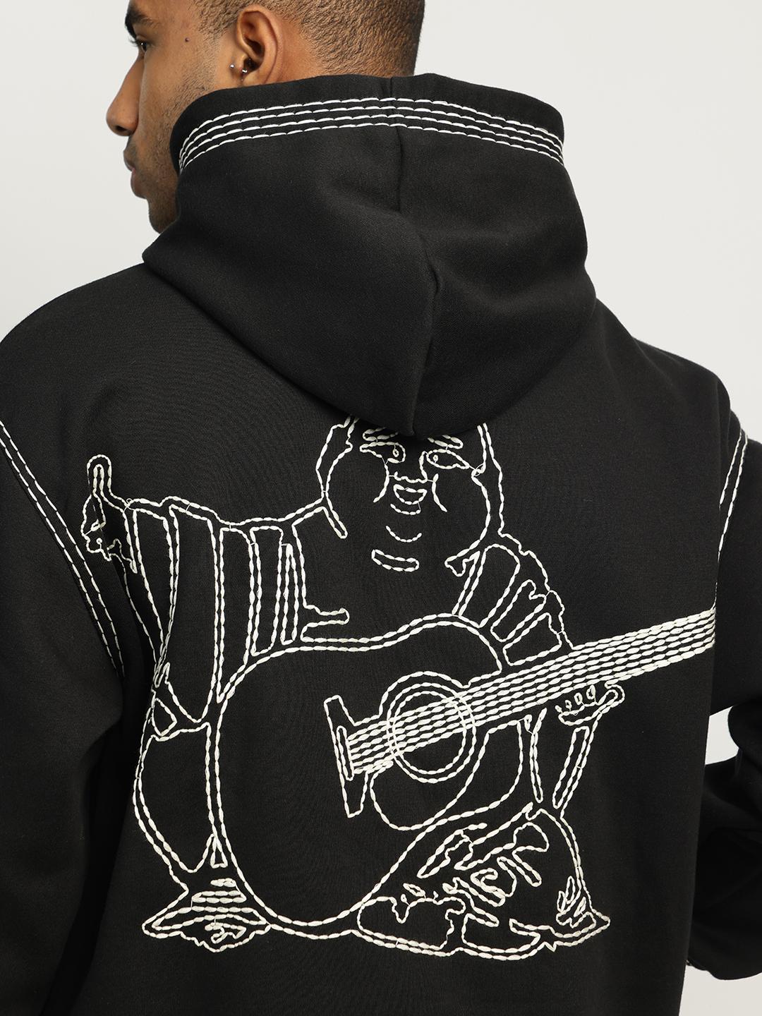 Men black self design hooded full sleeves sweatshirt