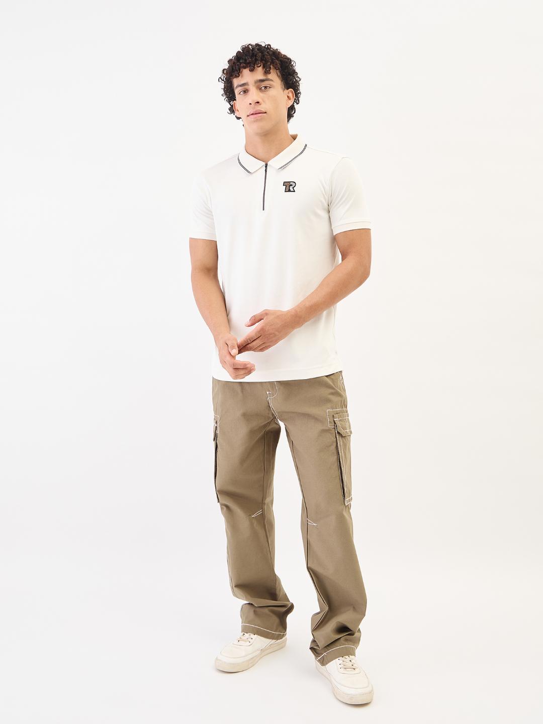 Men cream solid polo tshirt