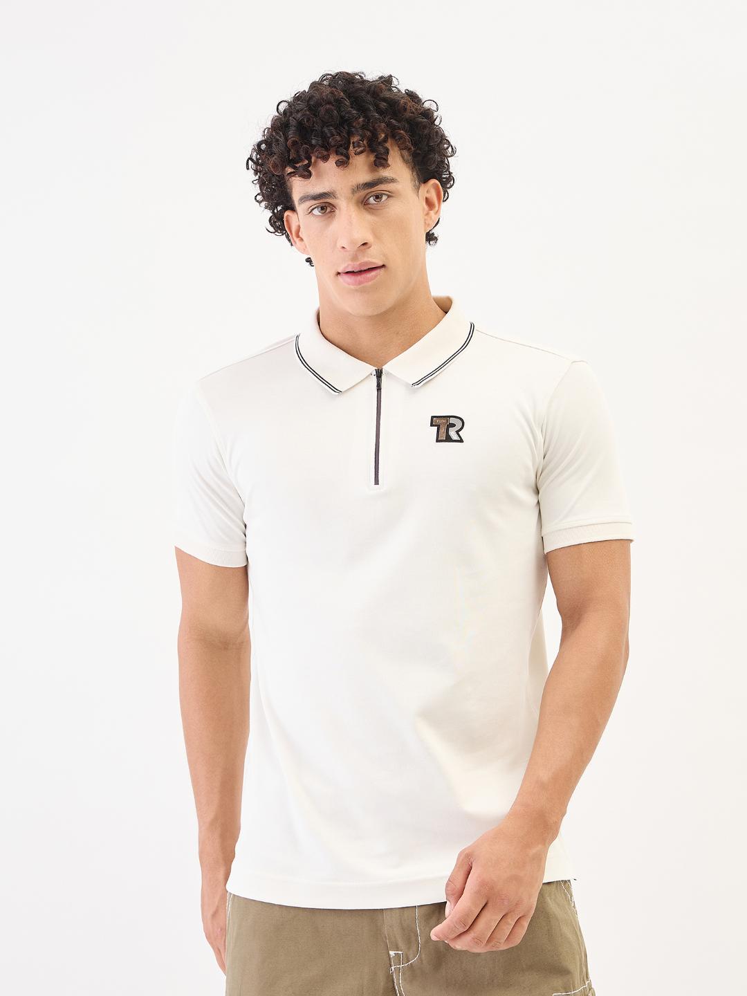 Men cream solid polo tshirt