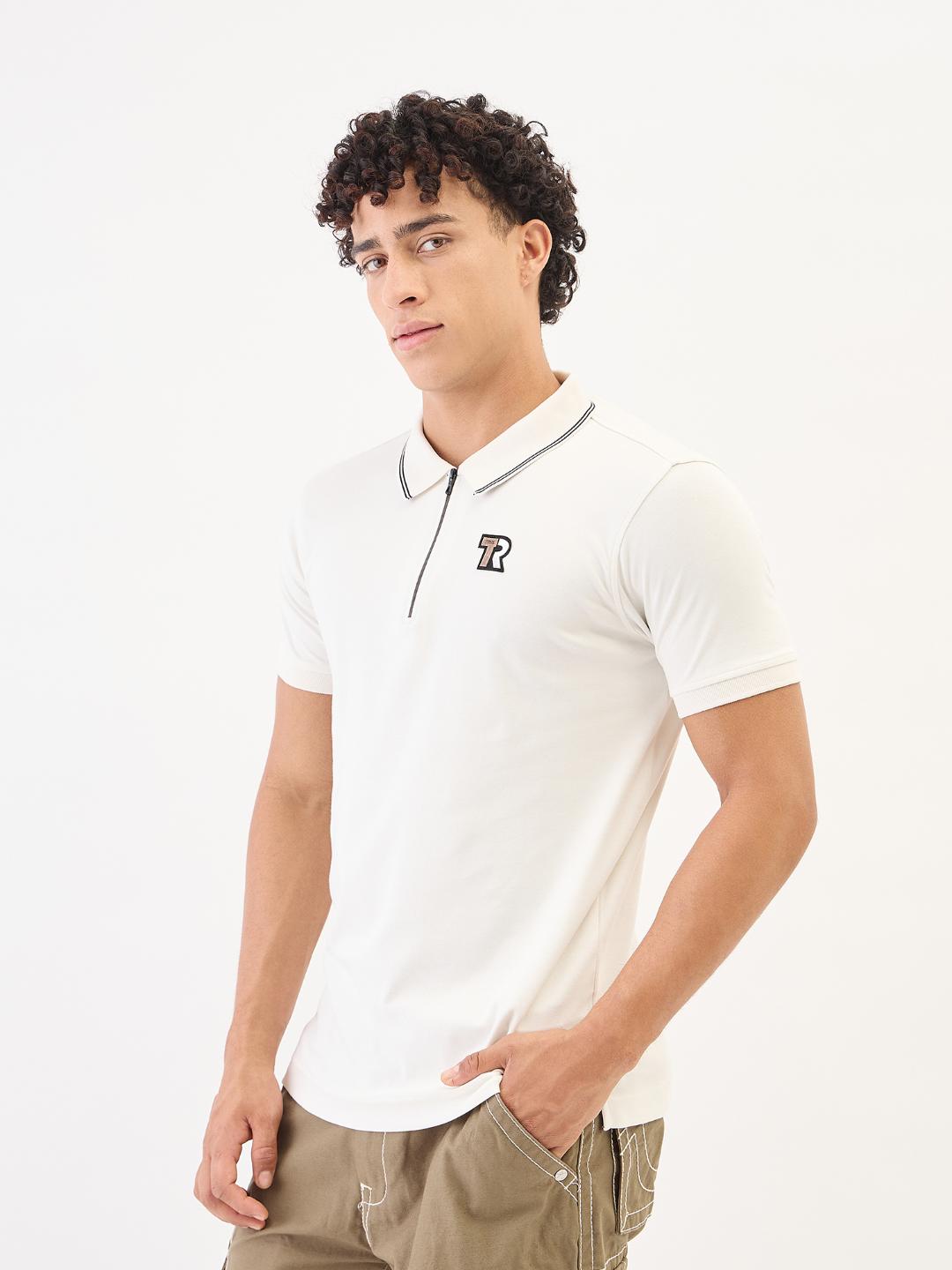 Men cream solid polo tshirt