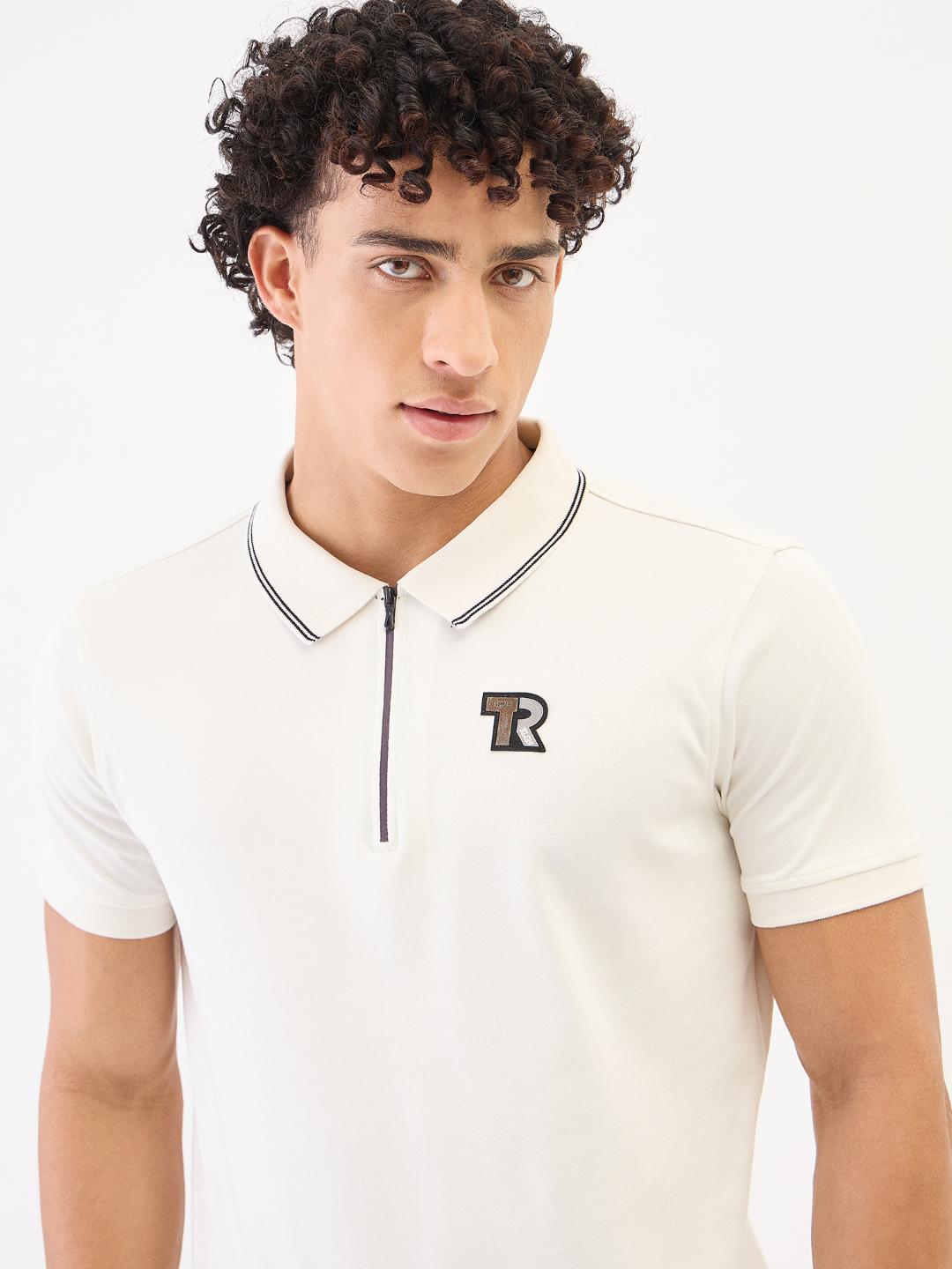 Men cream solid polo tshirt