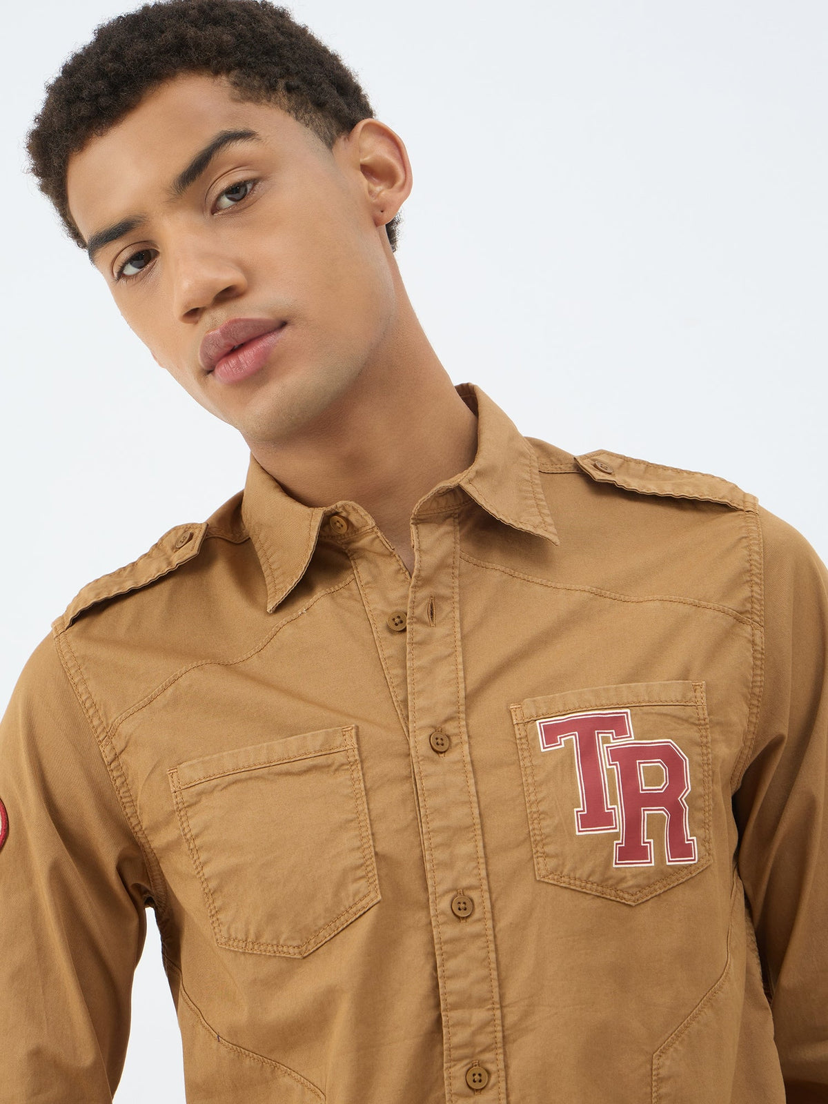 True Religion Men Brown Solid Collar Shirt