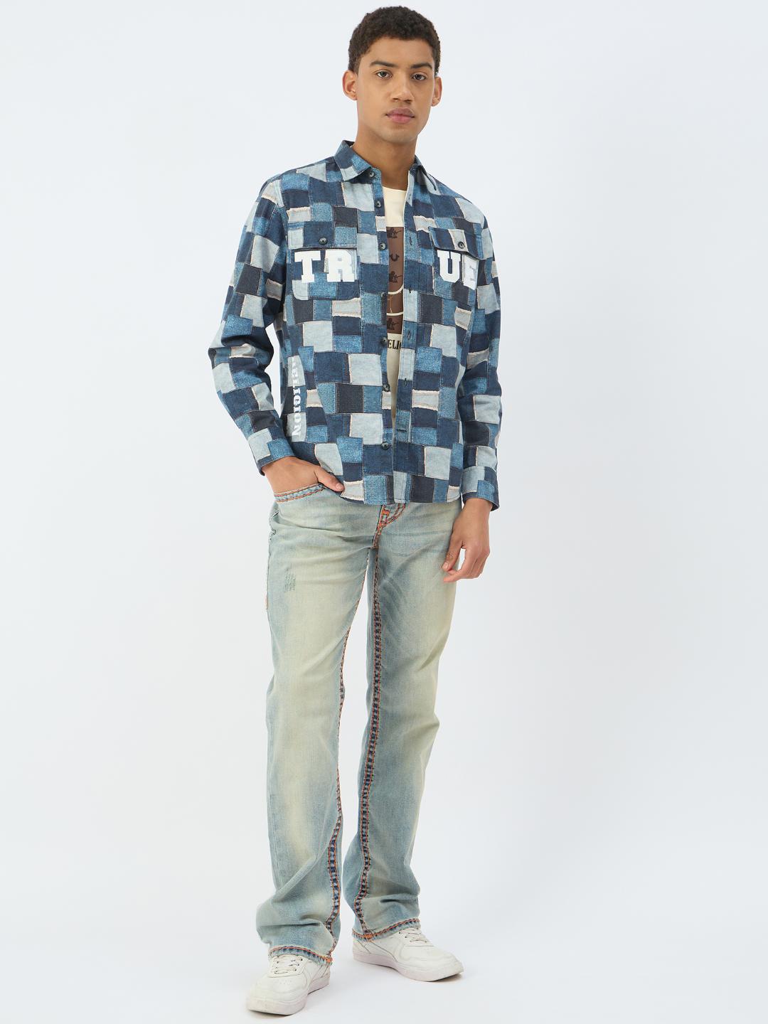 Men blue printed collar shirt