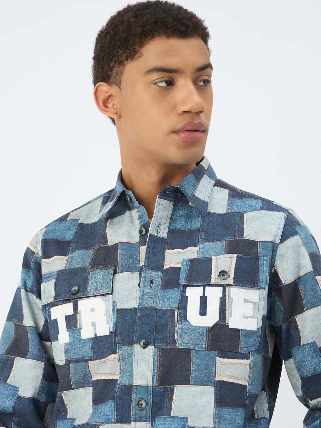 Men blue printed collar shirt