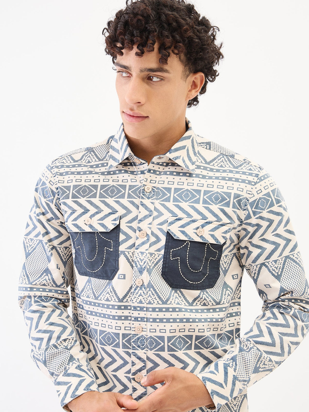True Religion Men Blue Printed Collar Shirt