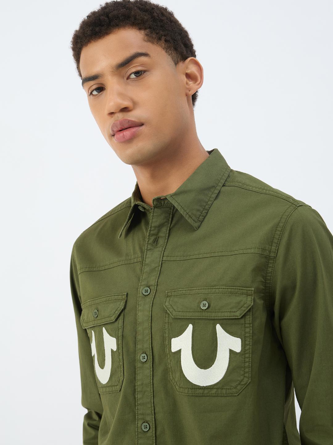 Men green solid collar shirt