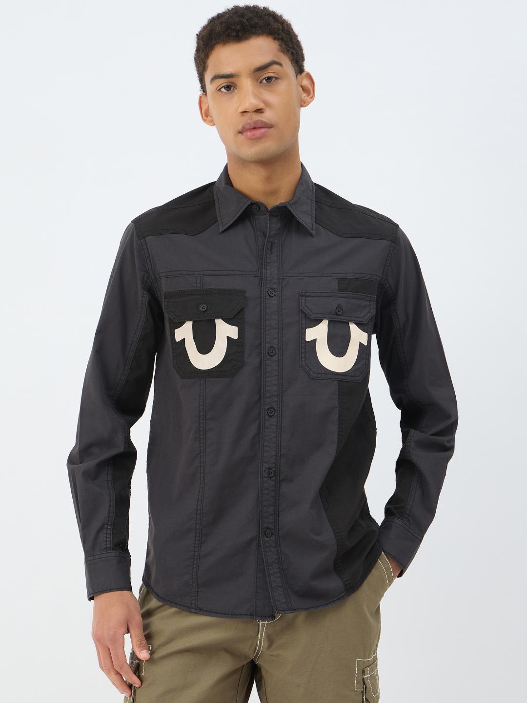 Men black solid collar shirt