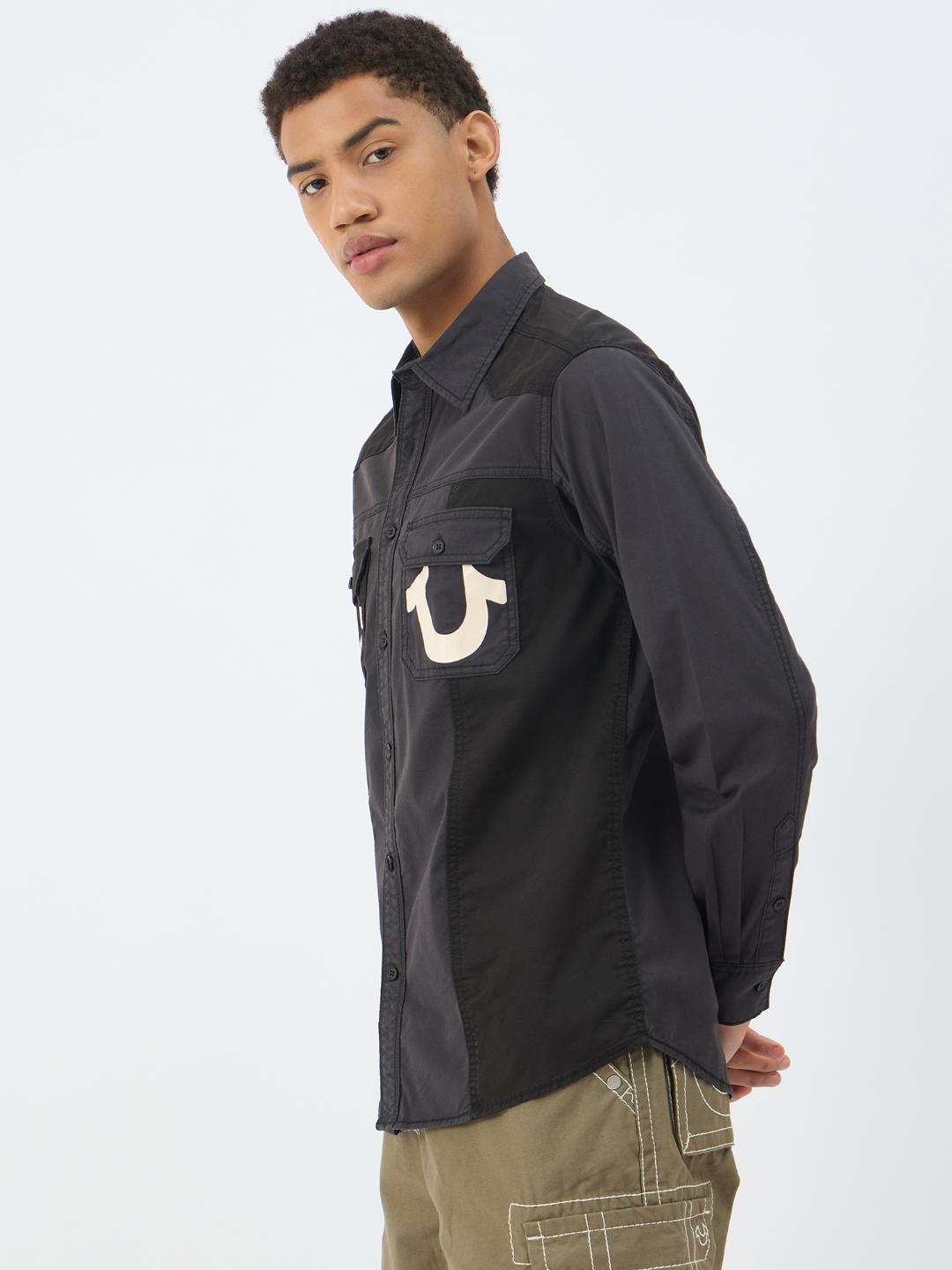 Men black solid collar shirt