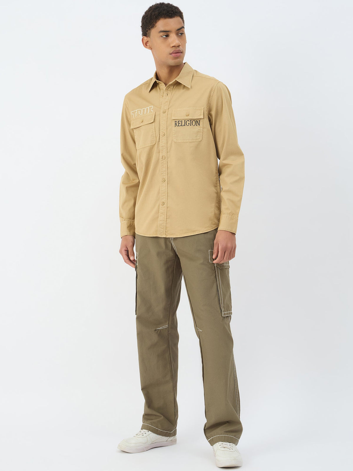 True Religion Men Beige Solid Collar Shirt