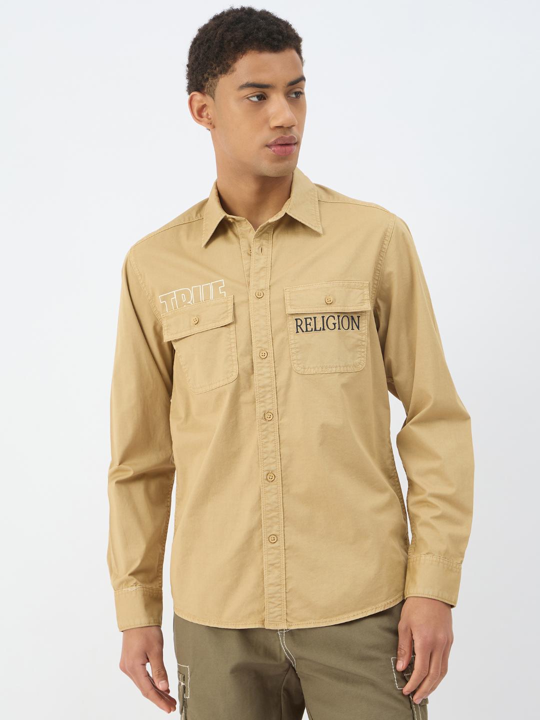 Men beige solid collar shirt