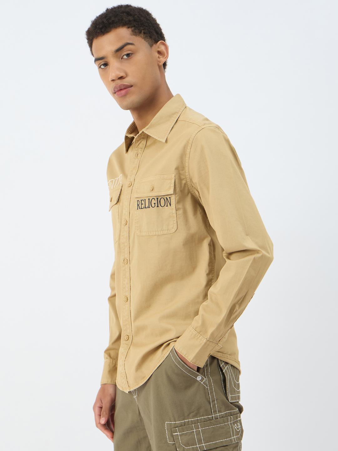 Men beige solid collar shirt