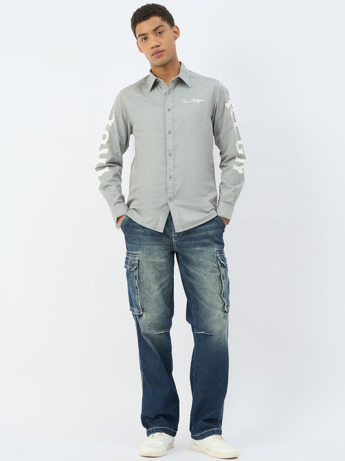 True Religion Men Grey Solid Collar Shirt