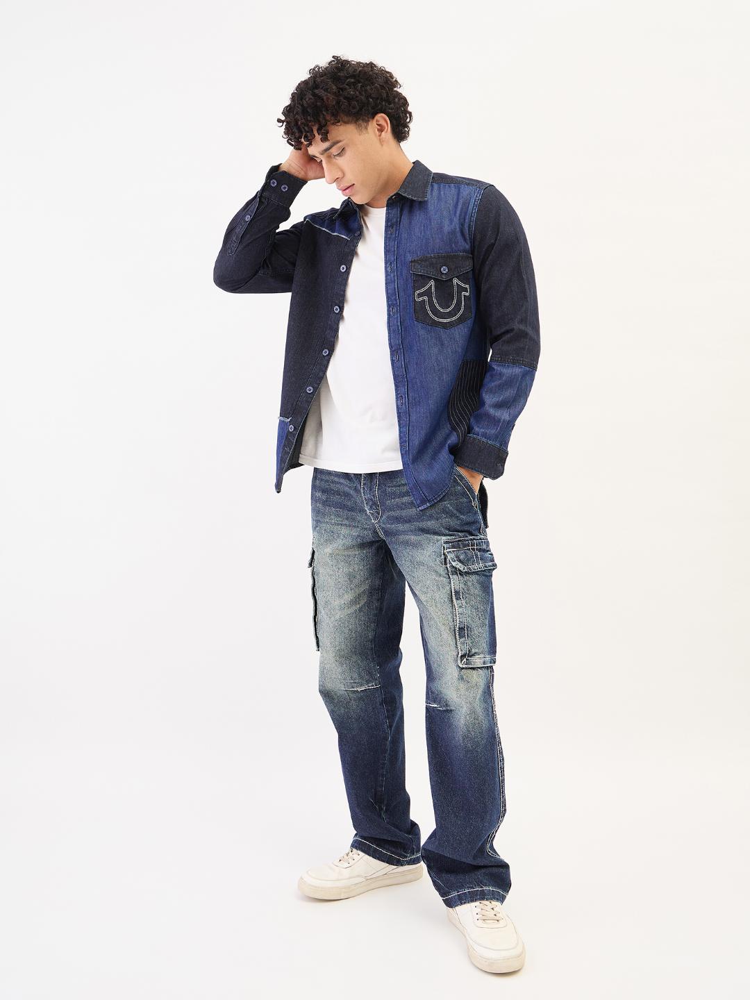 True Religion Men Blue Solid Collar Shirt