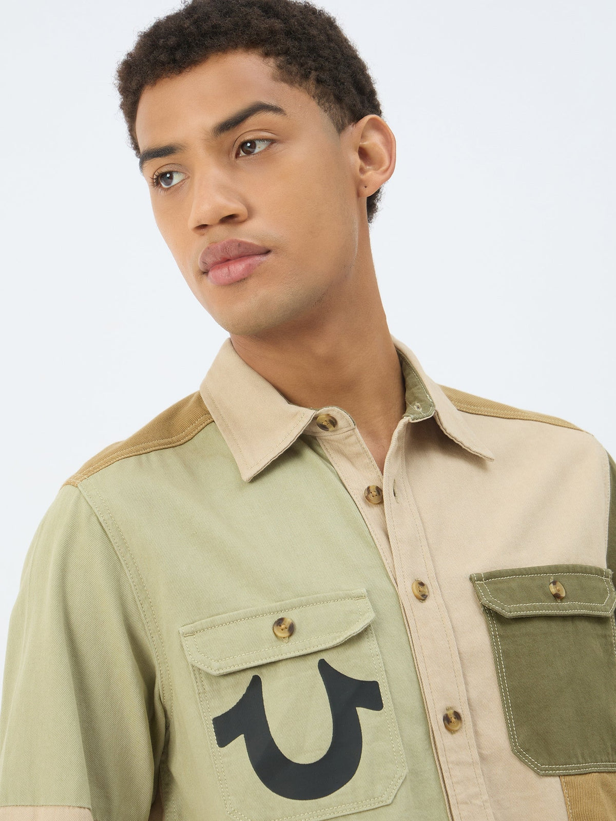 True Religion Men Beige Solid Collar Shirt