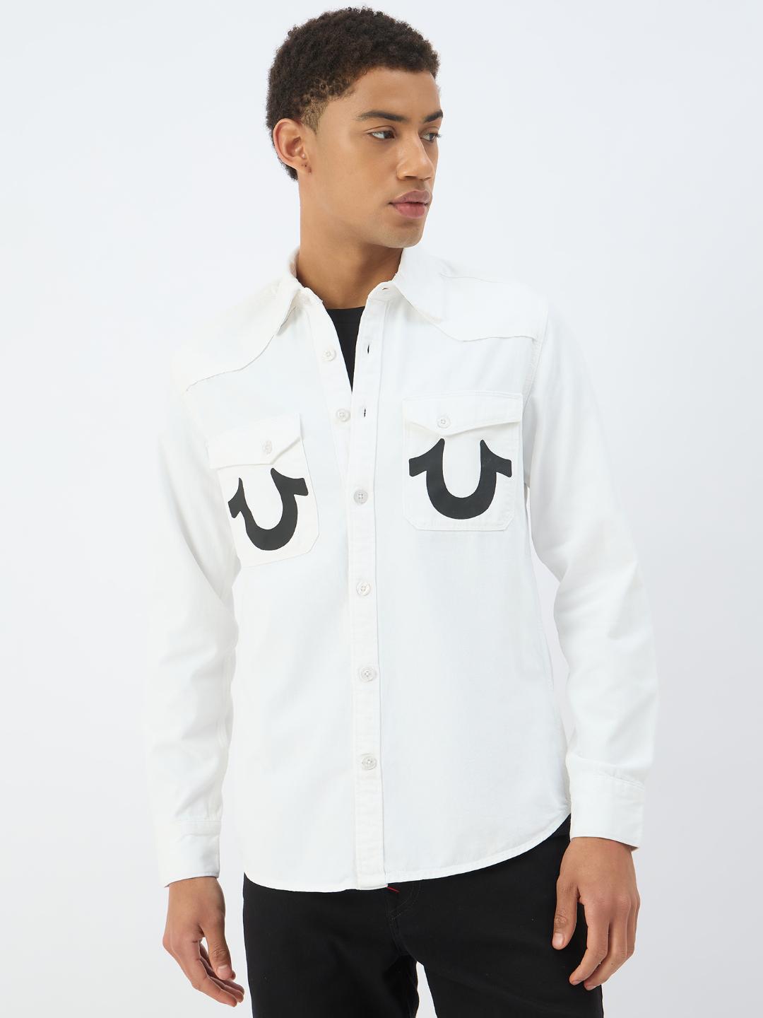 Men cream solid collar shirt