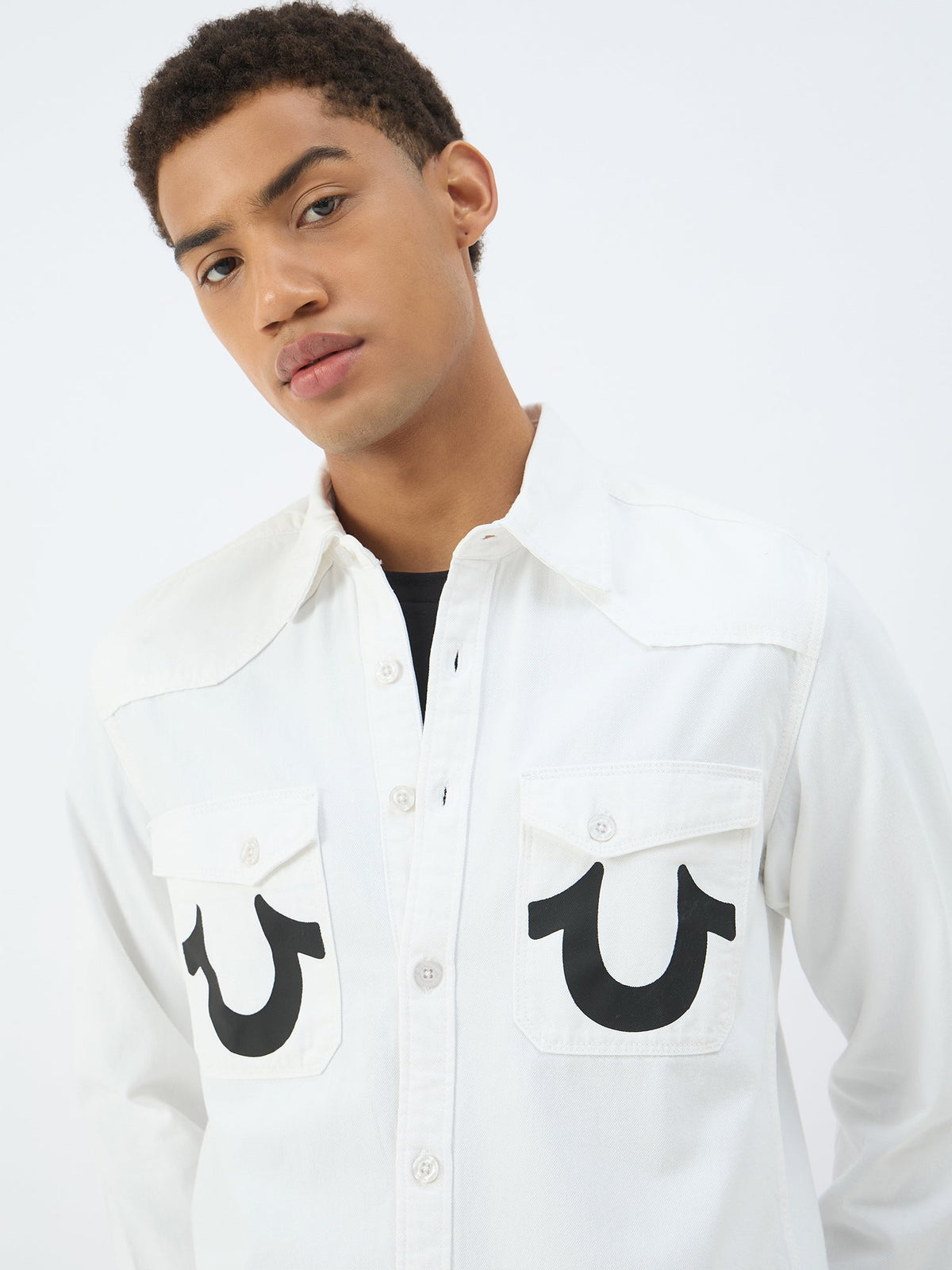 True Religion Men Cream Solid Collar Shirt