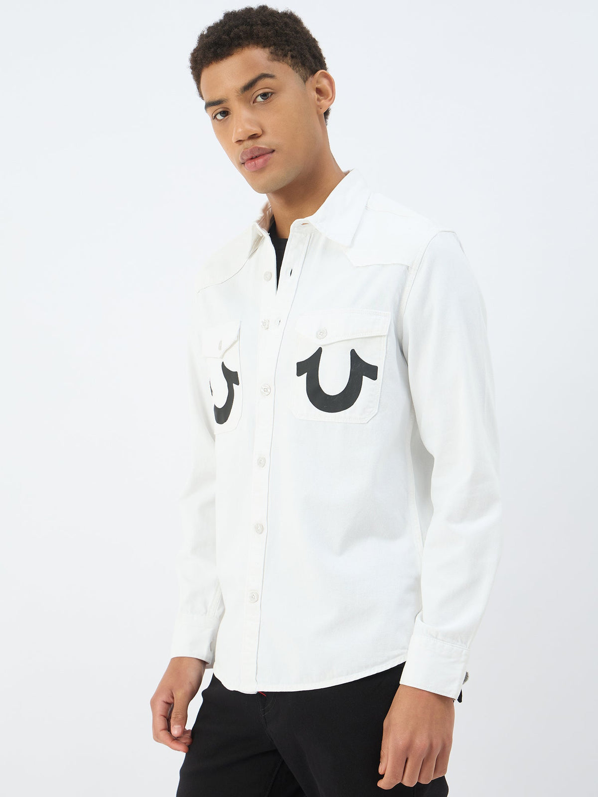 True Religion Men Cream Solid Collar Shirt