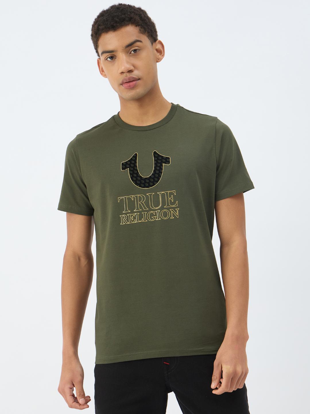 Men green solid round neck tshirt