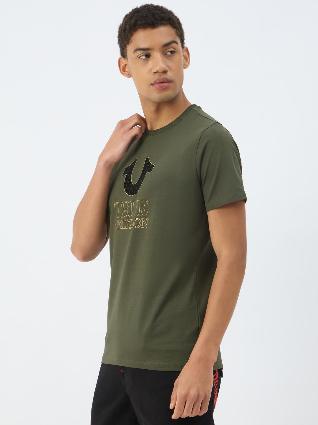 Men green solid round neck tshirt