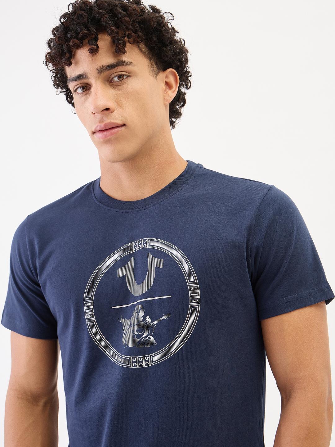 True Religion Men Navy Blue Solid Round Neck Tshirt