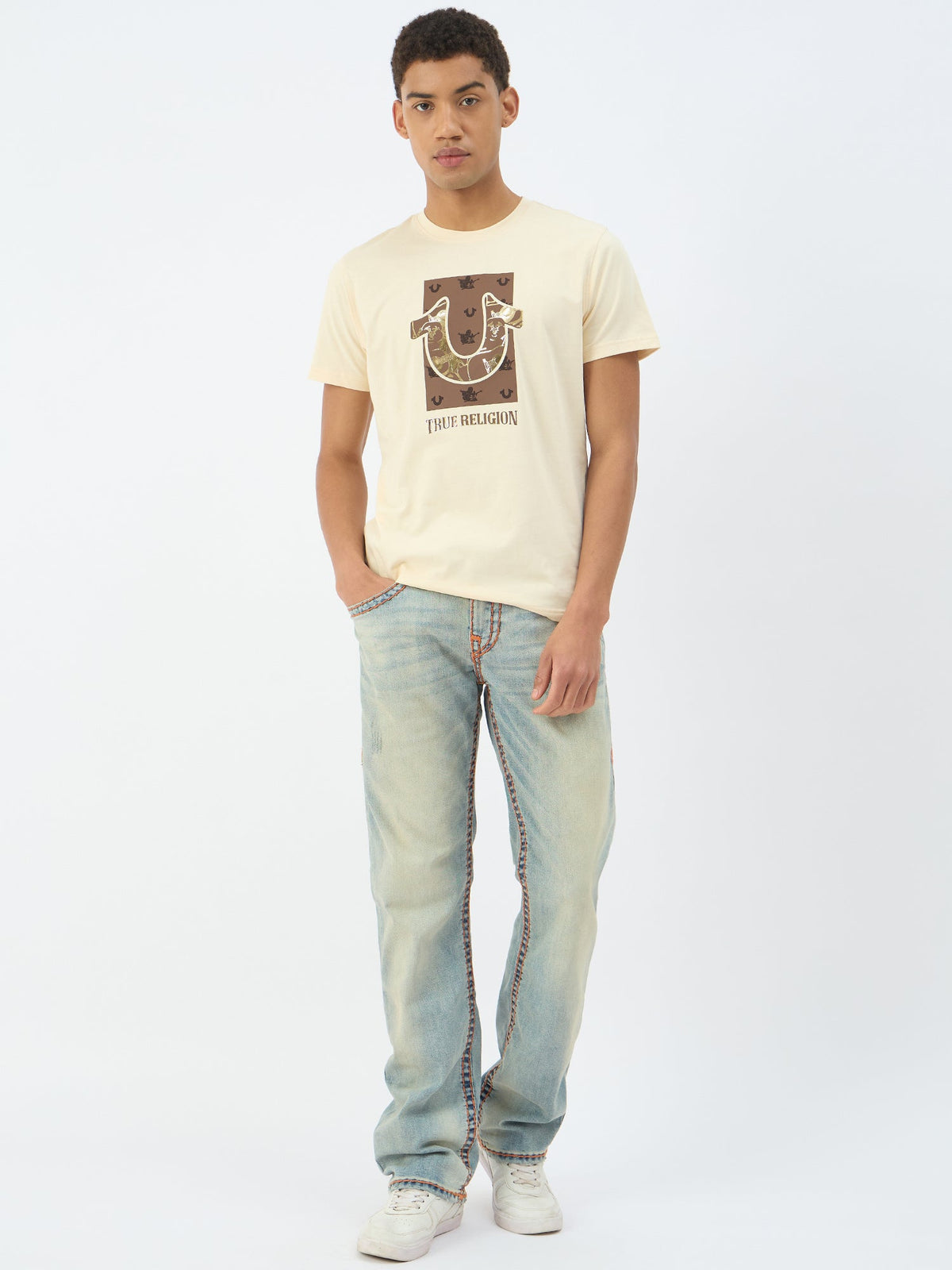 True Religion Men Beige Solid Round Neck Tshirt