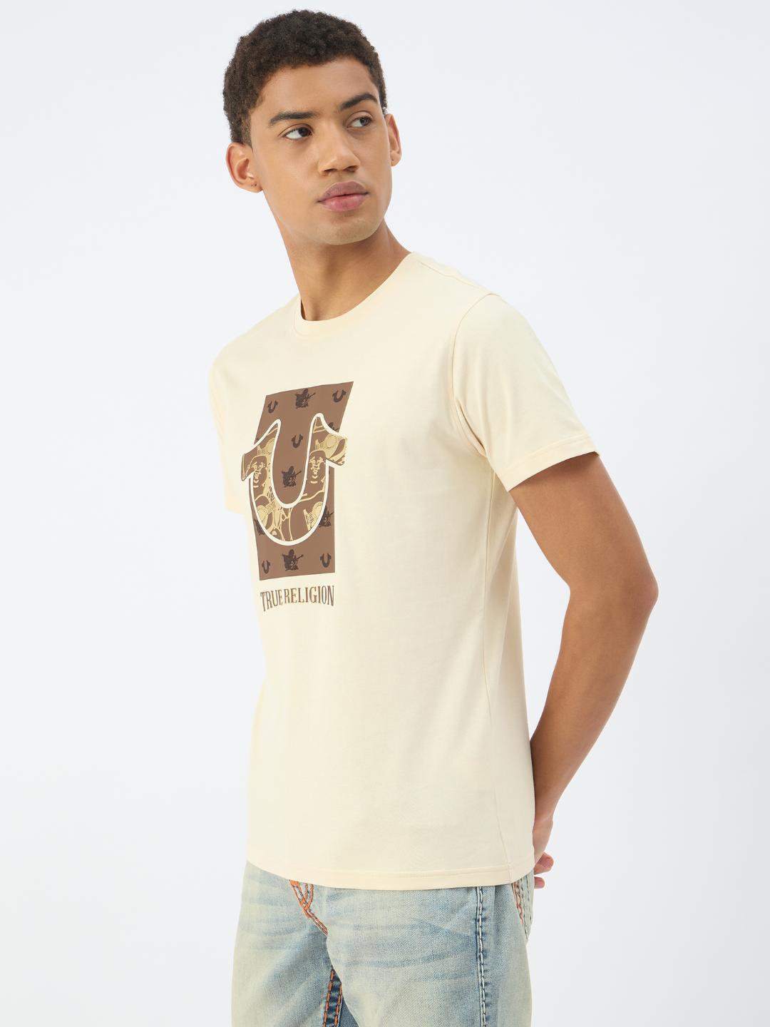 Men beige solid round neck tshirt